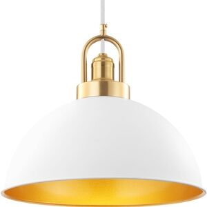 NEW) Modern Large Pendant Light 14” White and Gold Dome Light  Minimalist